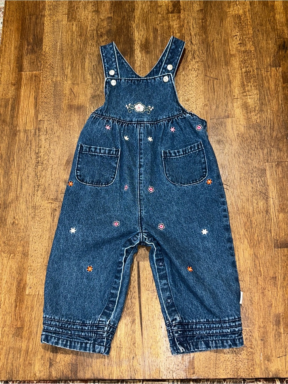 Little Me Dark Blue Denim Embroidered Overalls